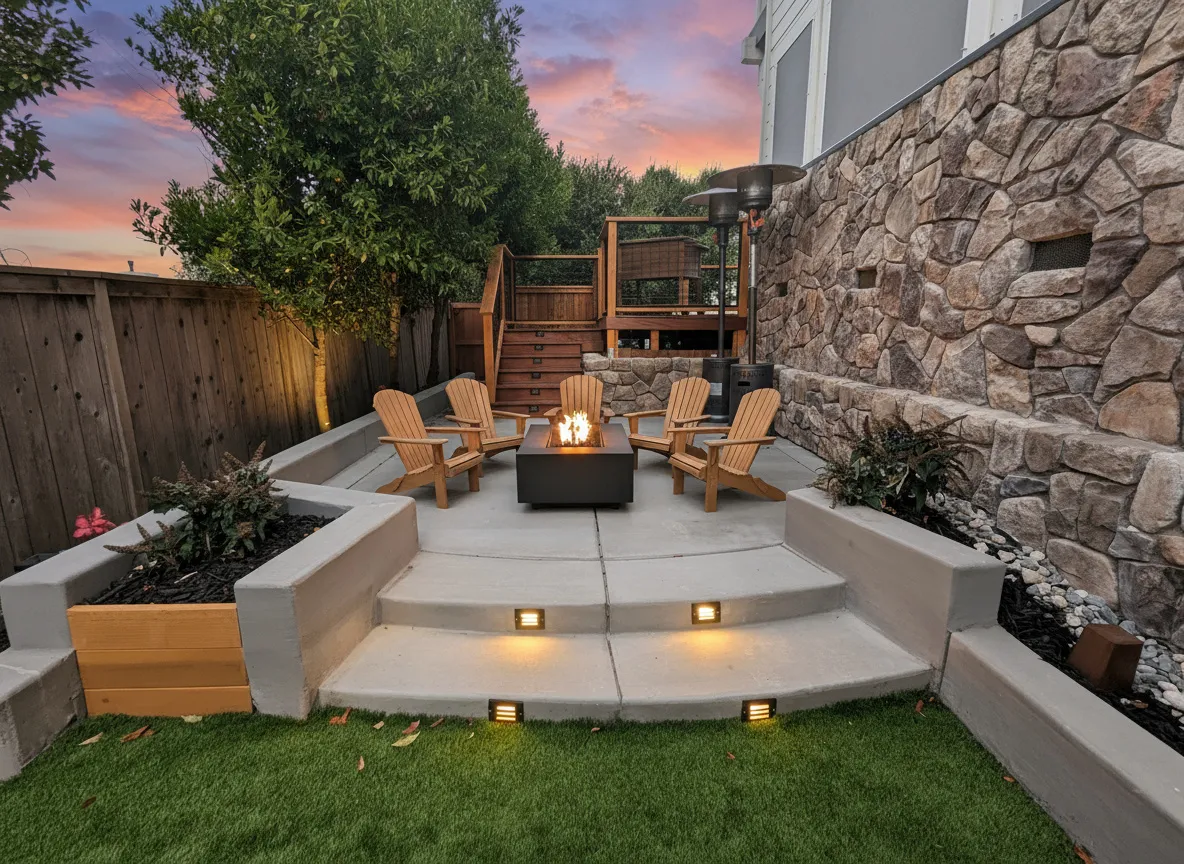 After — Benicia side yard → sunset fire-pit lounge with built-in seating in Benicia