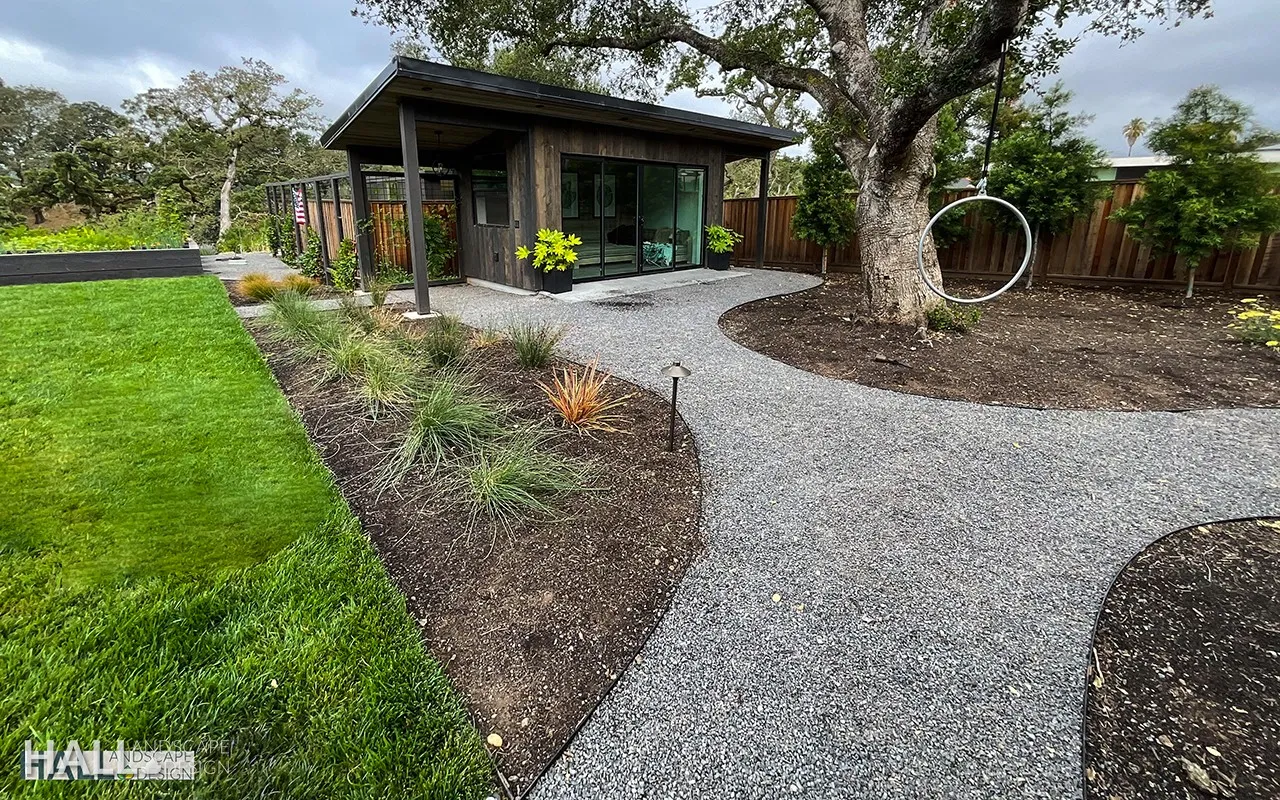 After — Dirt lot → pool house & gravel path under the oak in Calistoga