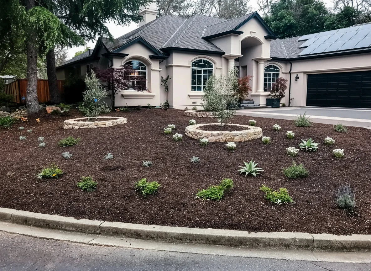 After — Mill Valley front yard: tired lawn → water-wise garden with stone planters in Mill Valley