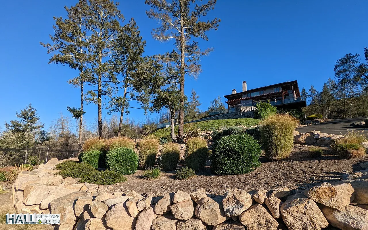 After — Stacked-stone retaining walls tame a wild hillside in Napa
