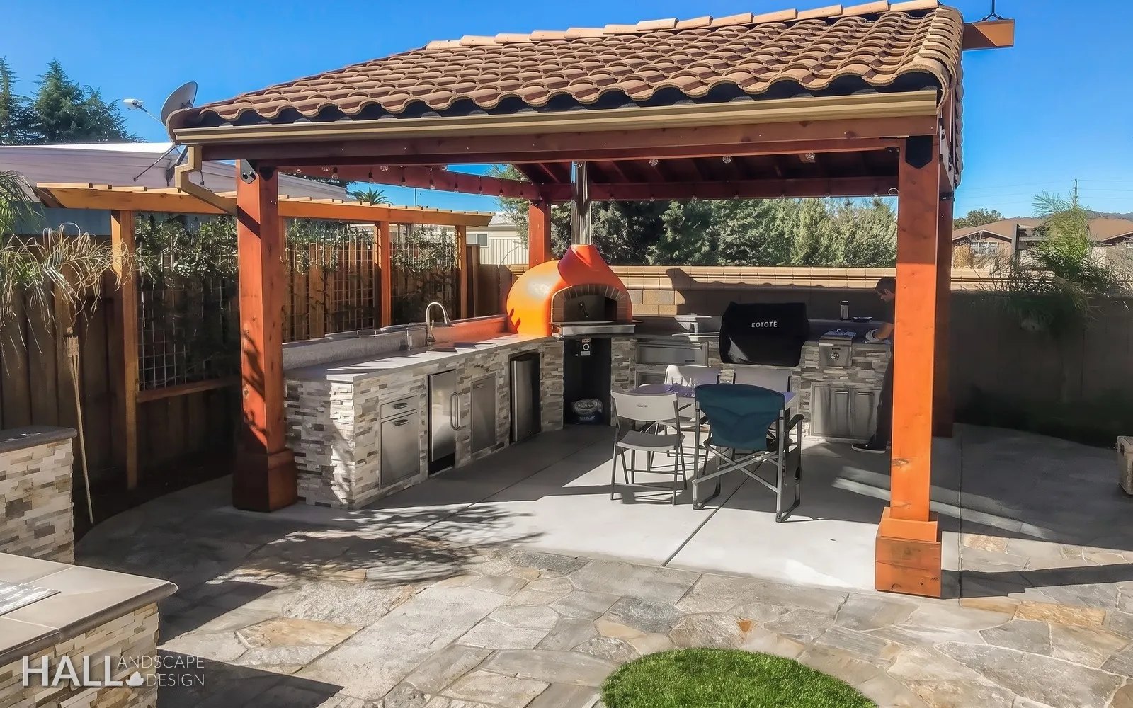 After — Blank dirt yard → pizza-oven pavilion & outdoor kitchen in Napa