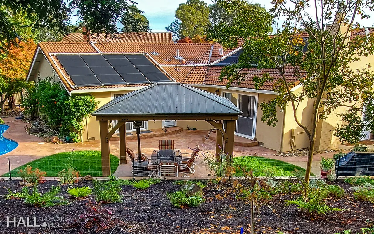 After — Napa backyard: tired patio → pavilion, turf & full landscape in Napa