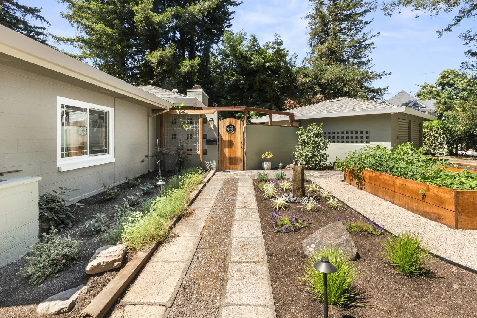 After — Tired entry → sage-green facade with water-wise beds in Napa