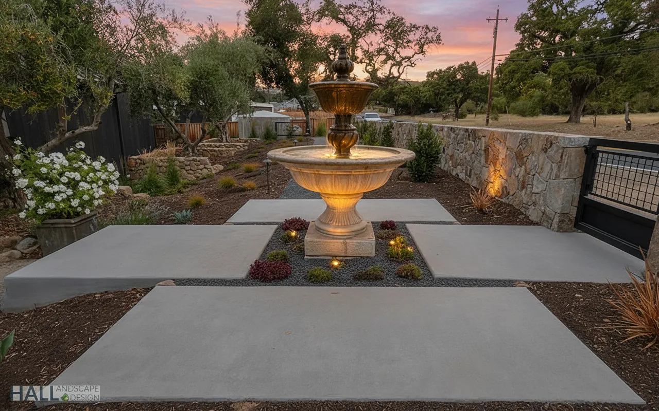 Illuminated tiered stone fountain courtyard at twilight, a Hall Landscape Design project in Napa