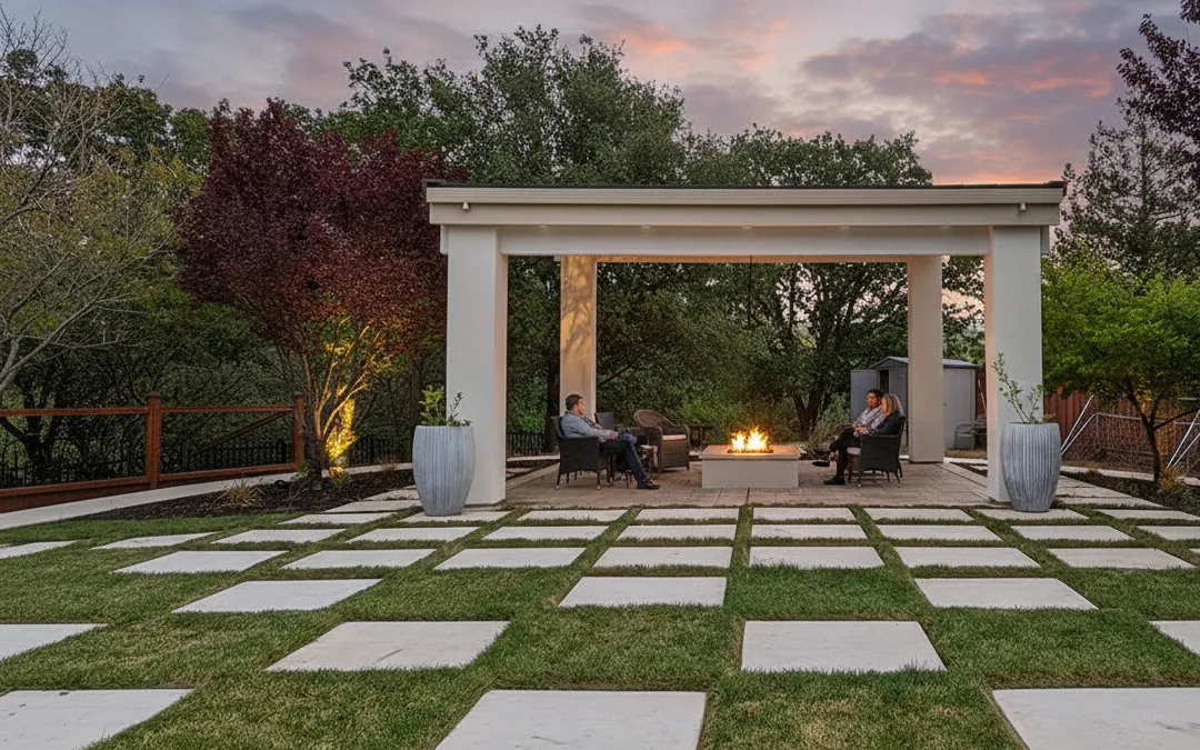 Modern pergola with a fire pit and checkerboard paver-and-grass lawn at dusk in Napa