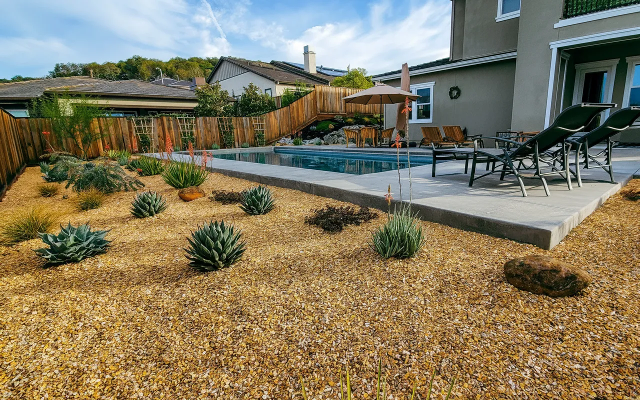 Drought-tolerant poolside garden with agaves and decomposed granite beside a Napa pool