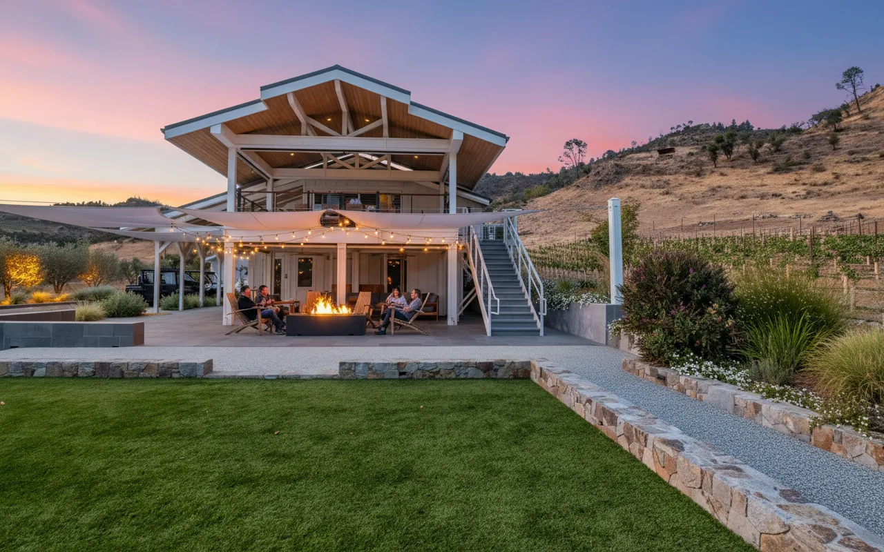 Twilight vineyard pavilion with a fire pit gathering and hillside vines in Napa