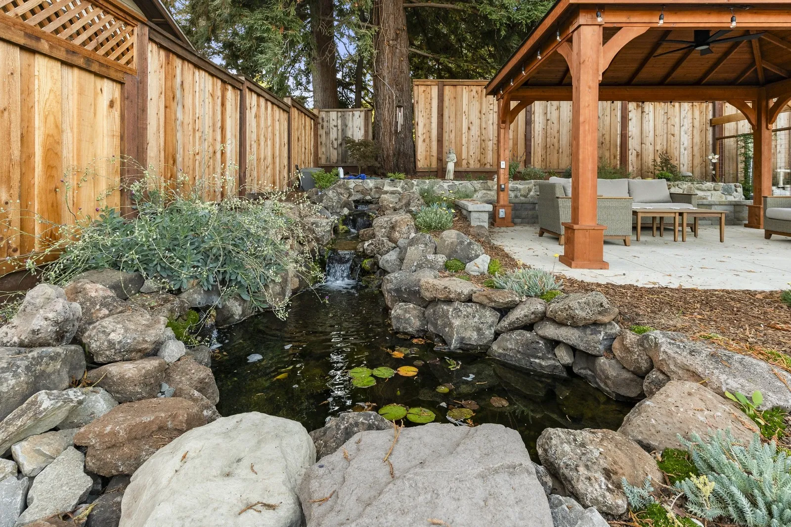 After — Koi pond, rock stream & redwood pavilion lounge in Novato