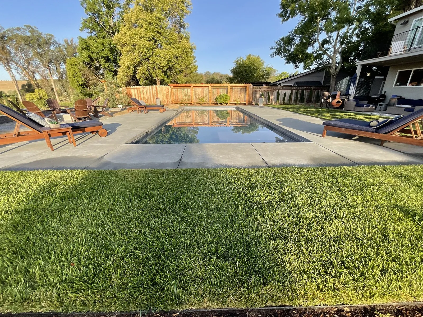After — Open lawn → modern pool, turf & sun deck in San Rafael