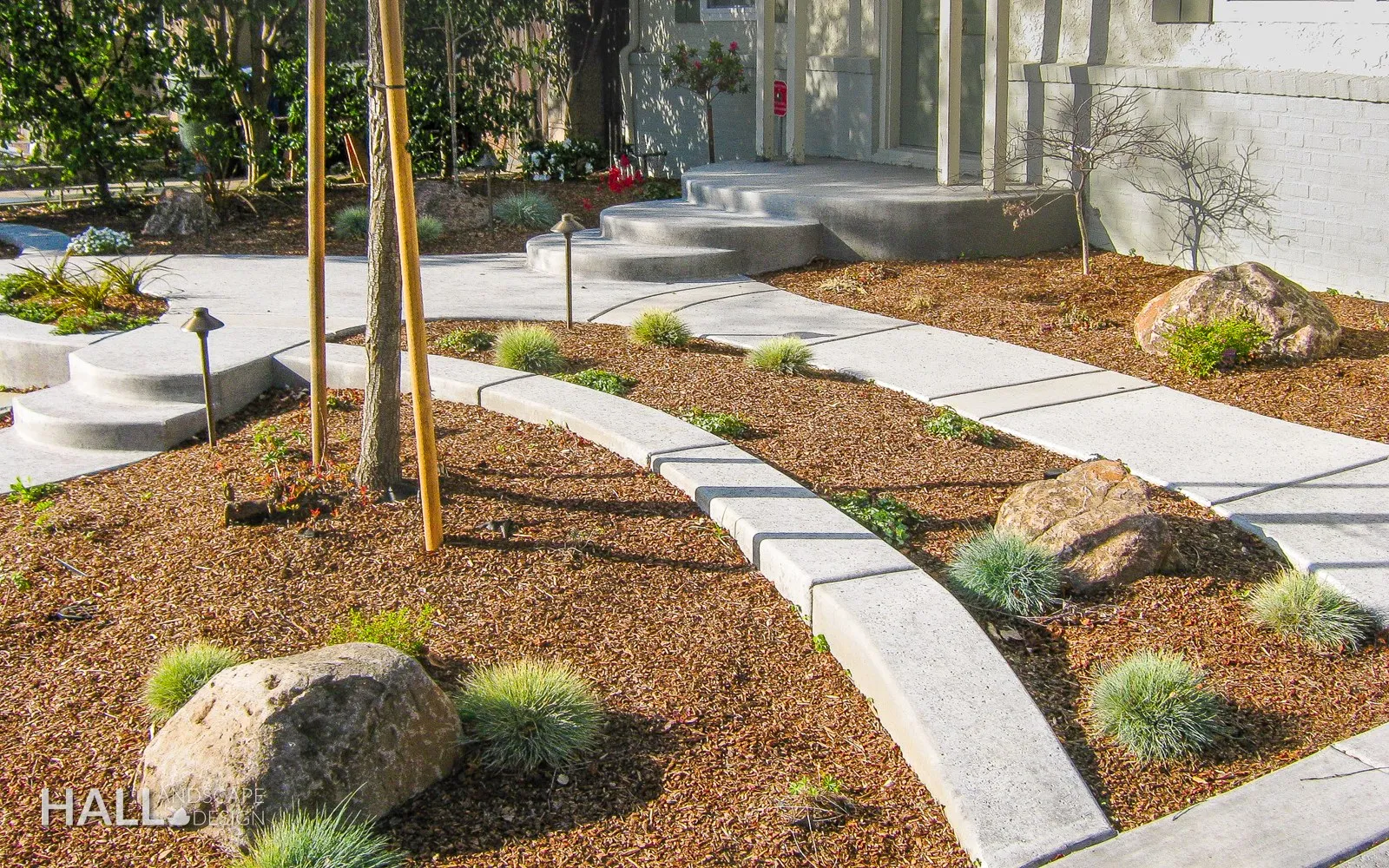 After — Plain front steps → curved concrete landing, boulder & drought planting in Vacaville