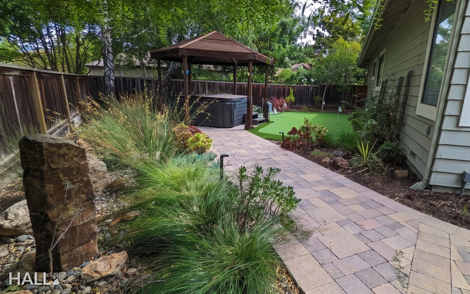 After — Paver patio → gazebo retreat with hot tub & greens in Yountville