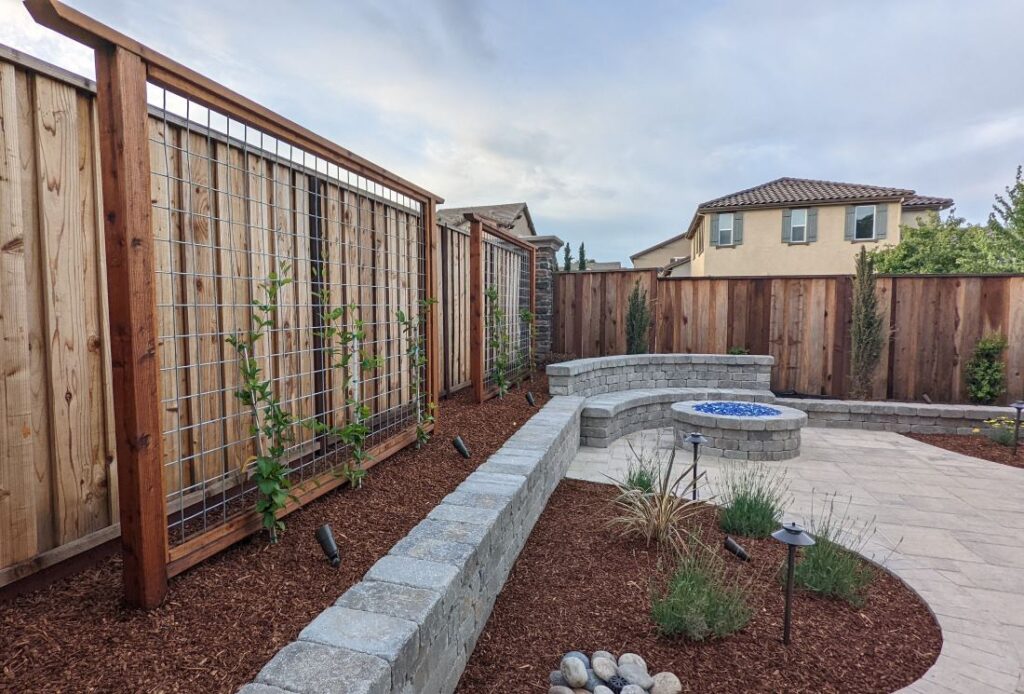 Beautiful hardscape with fire pit with blue "coals" in corner of backyard. Young trellised plants by fence. 