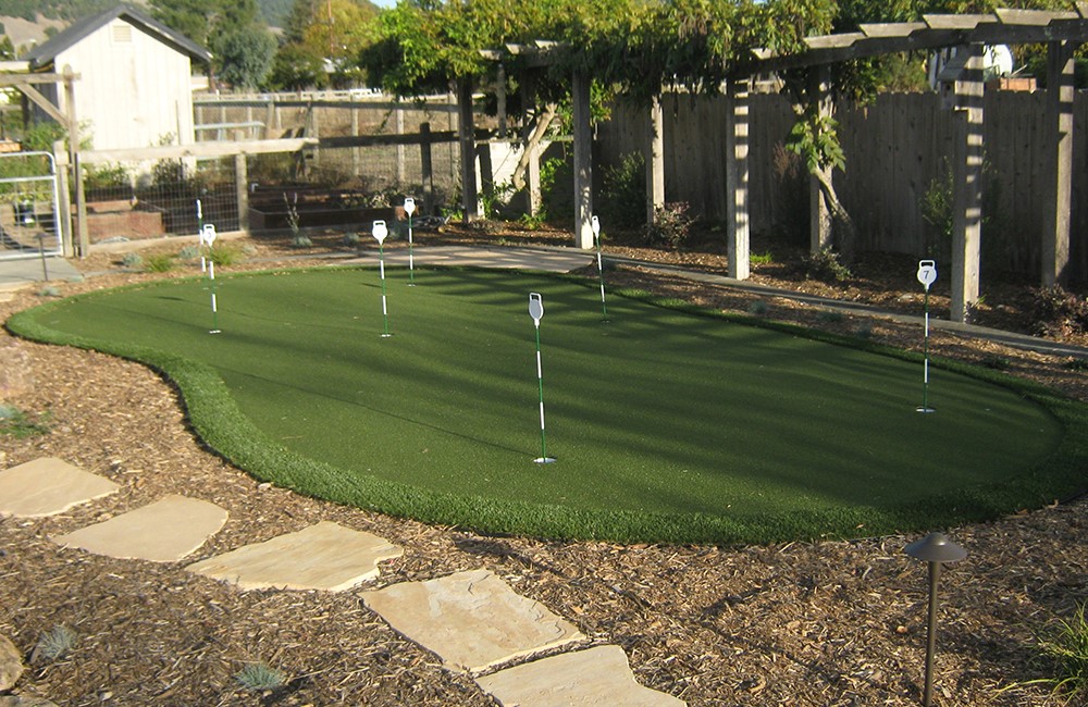 Putting green with flags. Arbor with young grape vines behind. Pavers around. 