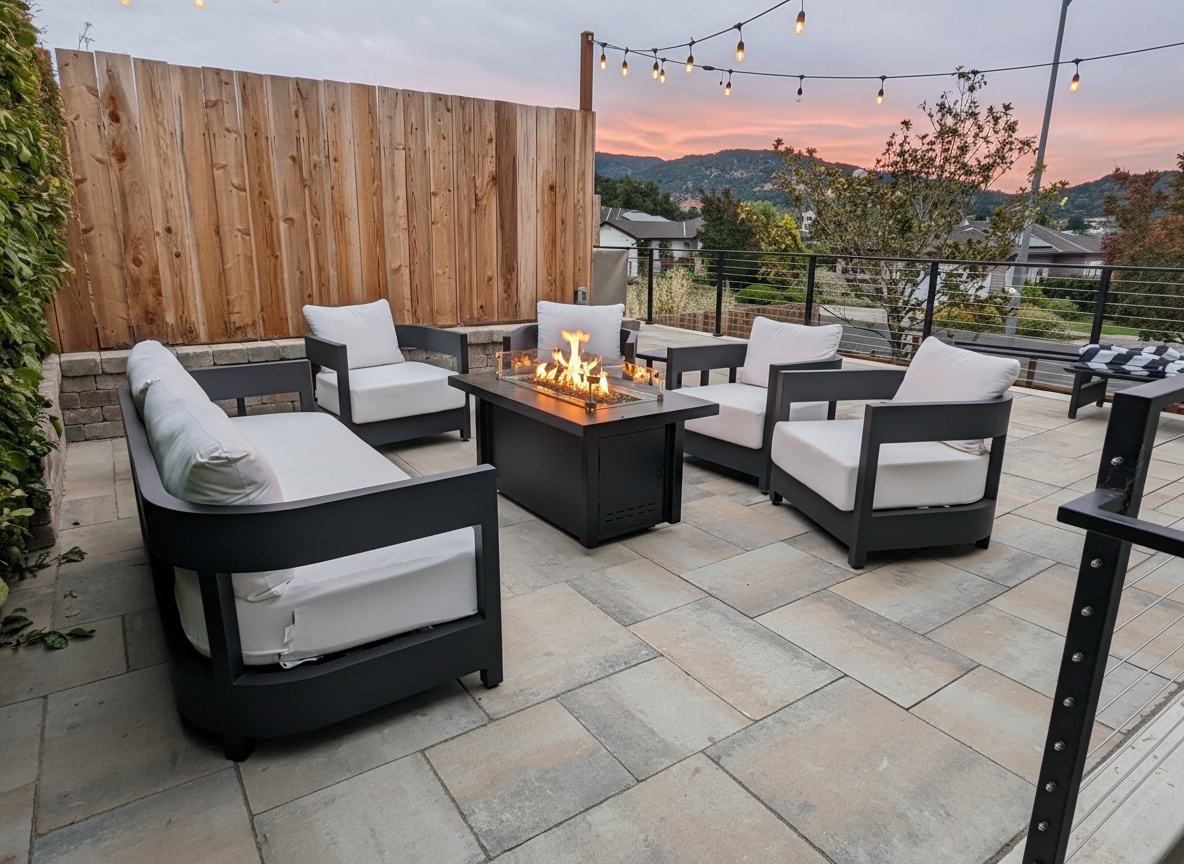 Elegant patio and lounge area in luxury Marin landscape.