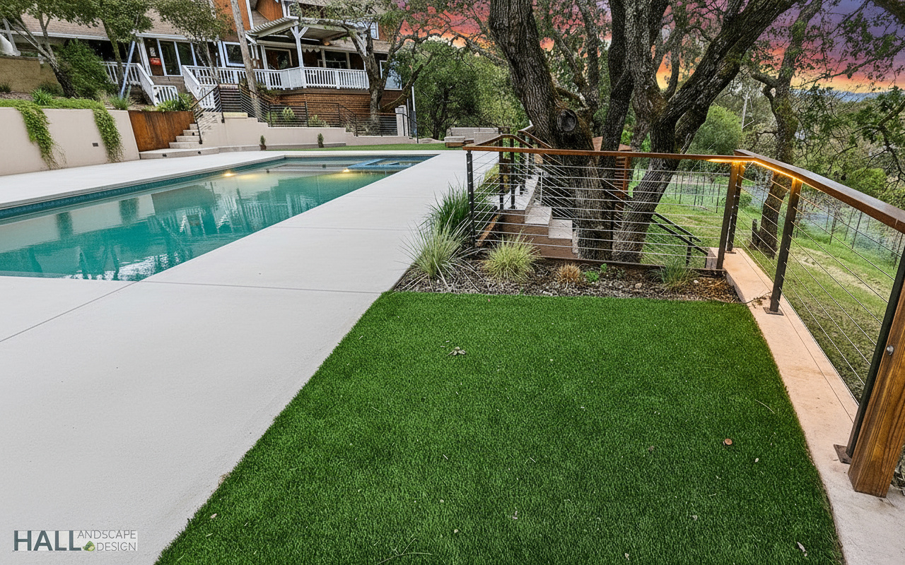 Modern pool with fire features and plantings in a Marin luxury backyard.