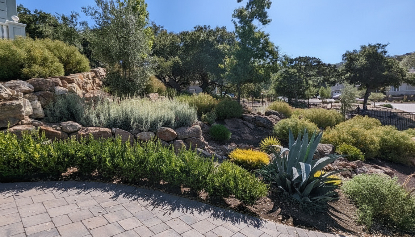 Lush Drought Tolerant Planting “Marin drought-tolerant garden with layered succulents and grasses.”