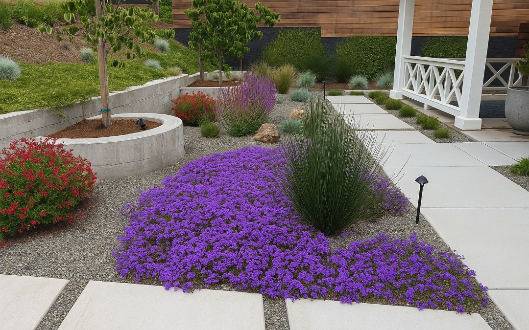 Contemporary Drought Tolerant design Drip irrigation lines running through drought-tolerant planting beds in Marin.