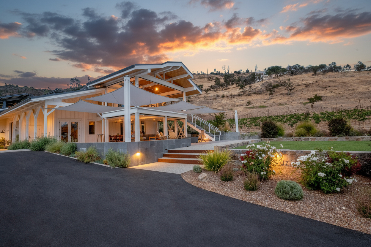 Fire Resistant Wine Country Design Sonoma fire-resistant backyard with open gravel firebreak and seating area.